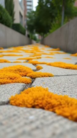 Bright orange flowers scattered across a stone pathway in an urban setting during springの素材