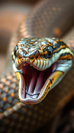 Colorful snake exhibiting an open mouth in a natural setting with a blurred backgroundの素材