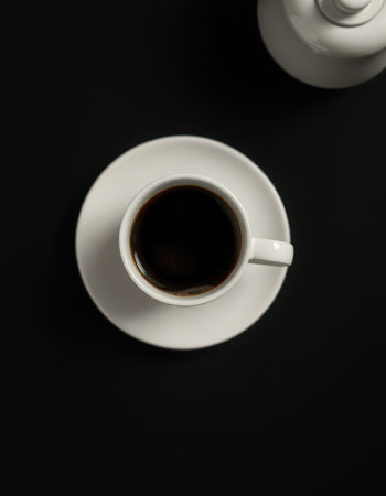 Freshly brewed coffee in a white cup on a dark surface inviting moments of relaxationの写真素材