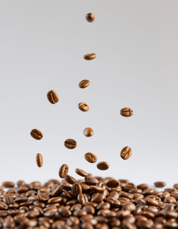 Coffee beans floating above a mound of roasted coffee on a clean backgroundの素材