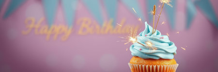 Delicious birthday cupcake with blue frosting and sparklers celebrating a joyful occasionの素材
