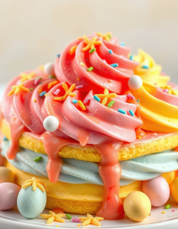 Colorful layered cake topped with frosting and decorative sprinkles on a white plateの素材