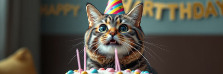 Cat celebrates birthday with colorful cake and festive decorations in a cozy home settingの素材
