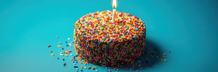 Colorful birthday cake with sprinkles and candle placed on a blue table for celebrationの素材