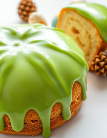 Delicious green glazed cake garnished with decorative elements and fruit on a white surfaceの素材