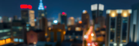City skyline illuminated by lights during nighttime with a focus on blurred skyscrapersの素材
