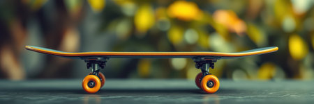 Skateboard resting on a dark surface with a blurred outdoor background reflecting vibrant colorsの素材