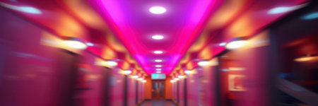 Vibrant corridor illuminated by pink and orange lights in a modern building at nightの素材