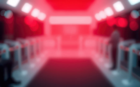 Red-lit futuristic train station with passengers waiting for departure during nighttimeの素材