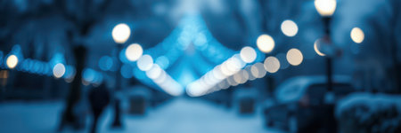 Winter Wonderland with Soft Lights Illuminating a Snowy Path at Nightの素材