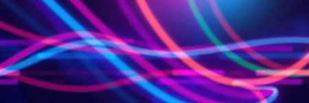 Colorful light trails illuminate a dynamic abstract background in vibrant hues at a night eventの素材