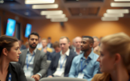 Conference attendees engaged in discussions and networking during an event in a modern conference room settingの素材