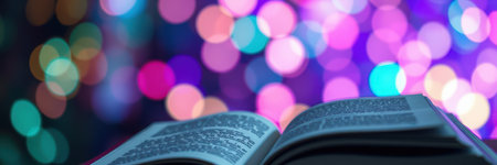 Open book rests on a surface with colorful bokeh lights in the background during an evening settingの素材