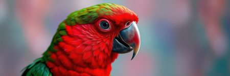 Vibrant red and green parrot perched in a natural setting during daylight hoursの素材