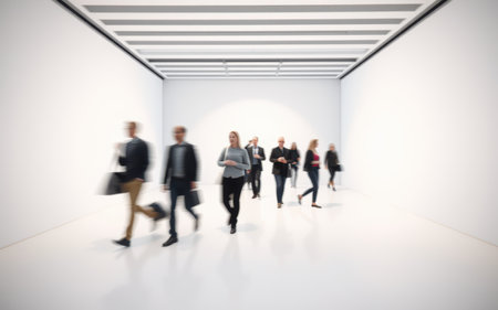 Business professionals walk through a modern gallery space during a networking event in a sleek, contemporary environmentの素材