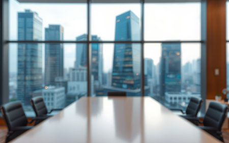 Conference room with city skyline view during daytime featuring modern architecture and glass wallsの素材