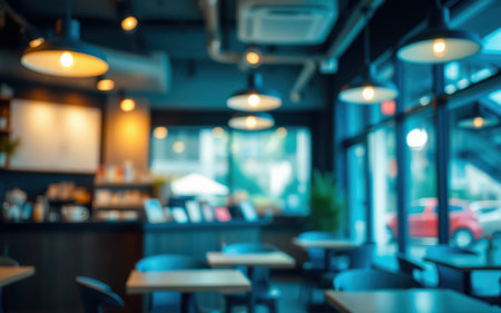 Cozy cafe interior with warm lighting and inviting atmosphere during daytimeの素材