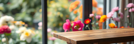 Wooden table overlooking a vibrant flower garden in a sunlit indoor space during spring seasonの素材