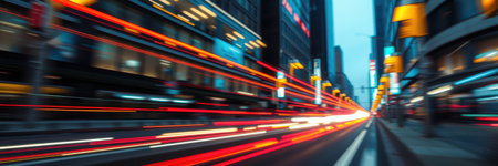 Traffic trails illuminate city streets at dusk with vibrant lights and modern buildingsの素材