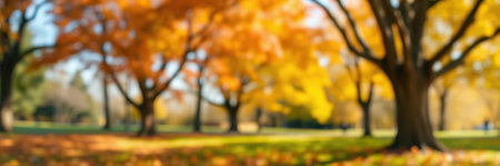 Vibrant autumn foliage in a serene park setting showcasing trees with colorful leavesの素材