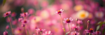 Vibrant field of pink flowers blossoming in spring sunlight at a local parkの素材