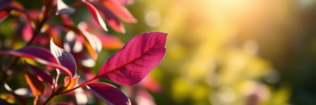 Vibrant purple leaves bask in warm sunlight during a serene afternoon in a peaceful gardenの素材