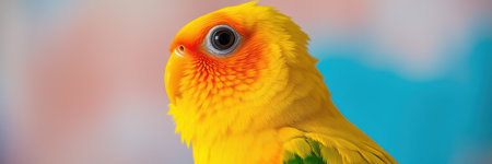 Colorful parrot perched against a vibrant blue background during bright afternoon lightの素材