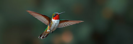 Colorful hummingbird hovering near a flower in a lush garden during sunny afternoon hoursの素材