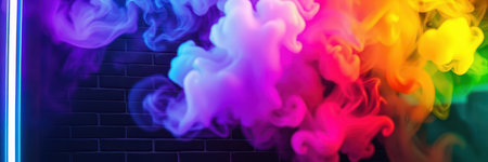 Colorful smoke creates vibrant patterns against a dark background in a creative art settingの素材