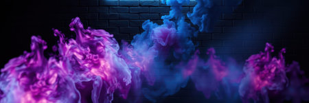 Colorful smoke swirling in a dark room with illuminated wall at night creating an ethereal atmosphereの素材