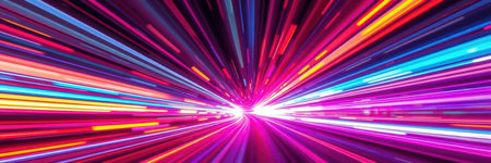 Colorful rays of light burst through a dark space, creating a vibrant and dynamic visual experience in a digital art formの素材