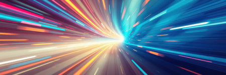 Vibrant light streaks create a sense of motion in a digital abstract artwork inspired by speed and energyの素材