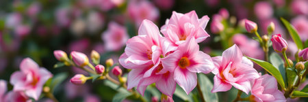Beautiful pink flowers blooming in a vibrant garden during the spring seasonの素材