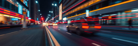 City street at night with moving cars and vibrant lights creating a dynamic urban atmosphereの素材