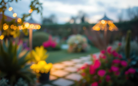 Evening garden gathering with string lights illuminating vibrant flowers and pathways in a cozy settingの素材