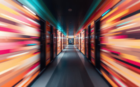 Brightly colored hallway creates a vibrant atmosphere in a modern buildingの素材