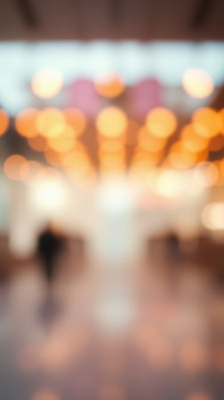 Softly illuminated interior space with blurred figures and warm tones in the background during a busy afternoonの素材