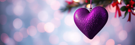 Heart-shaped ornament hanging from a Christmas tree branch with sparkling lights in the backgroundの素材