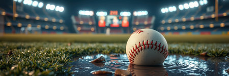 Ball resting in puddle on a baseball field during a game delay due to rain in a well-lit stadiumの素材