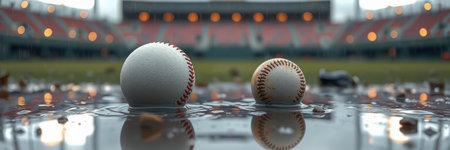 Wet baseballs resting on a puddled field at a deserted stadium during a gloomy afternoonの素材