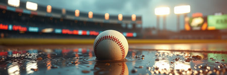 Baseball resting on a waterlogged field during an evening rain at a stadium before a gameの素材