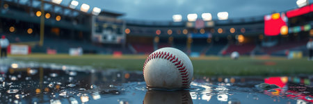 Rain-soaked baseball rests in puddle at empty stadium during impending duskの素材