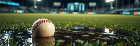 Baseball resting in a puddle on a field while stadium lights illuminate the background during a damp nightの素材