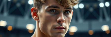 Focused athlete preparing for competition in a modern sports arena under bright lightsの素材