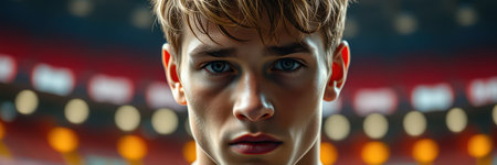 Focused youth athlete preparing for competition in an indoor sports arena surrounded by bright lightsの素材