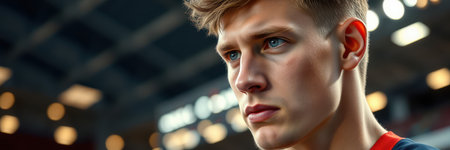 Intense focus of an athlete before a competition in a bustling arena filled with excitement and anticipationの素材