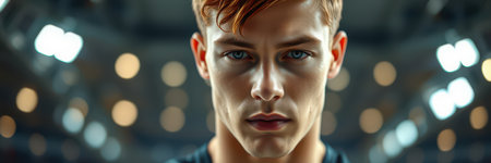 Intense young man focuses on his training in a well-lit gym during an evening workout sessionの素材