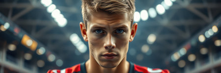 Intense football player preparing for a game inside a sports arena during evening hoursの素材