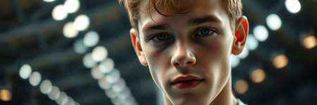 Young male with styled hair gazing intensely under bright lights in an indoor setting during the eveningの素材