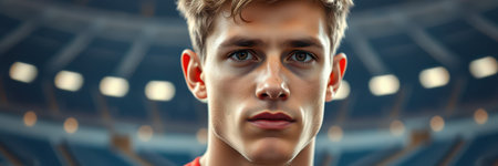 Young athlete with a focused expression prepares for competition in indoor stadiumの素材